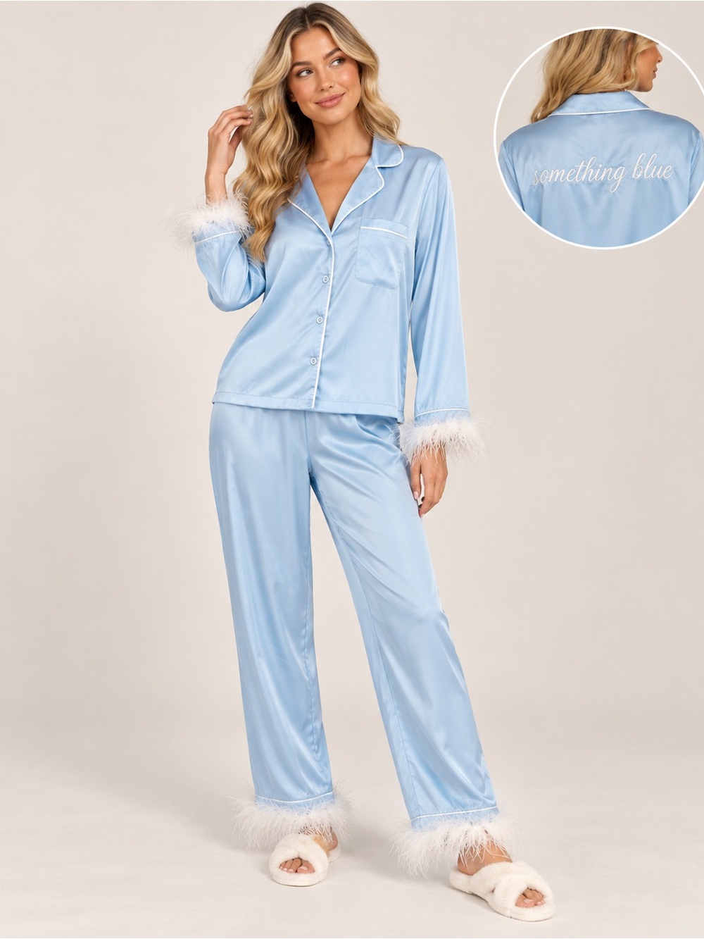 Nasty Gal Something Blue Bridal Pajama Set US 4 Baby Blue Feather Trim NWT